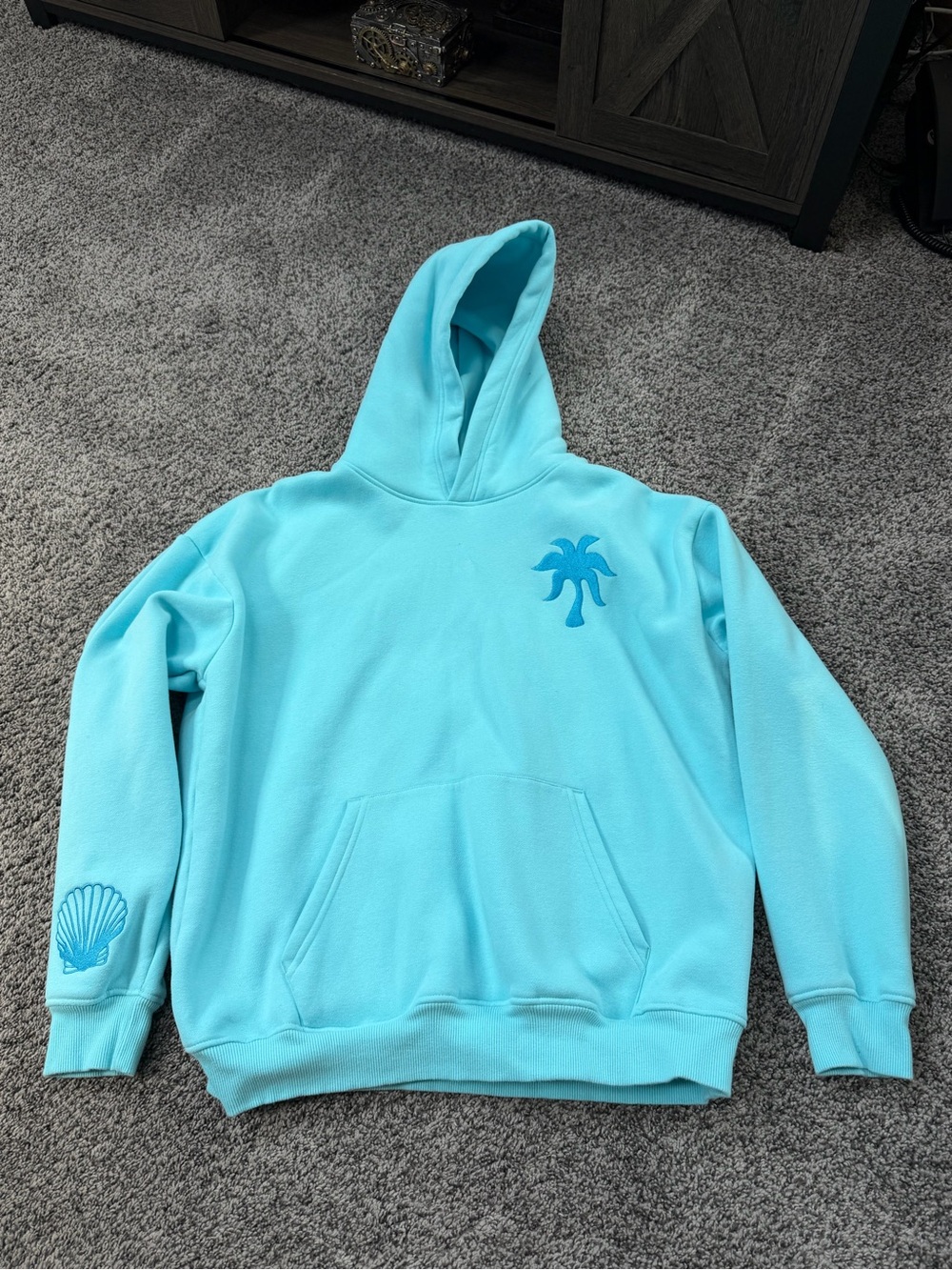 Pink palm puff Hawaii Hibiscus Hoodie in Aquamarine M